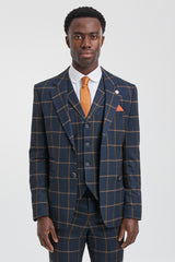 Mens Herringbone Tweed Check 3 Piece Wool Suit Peaky Blinders - Navy Blue