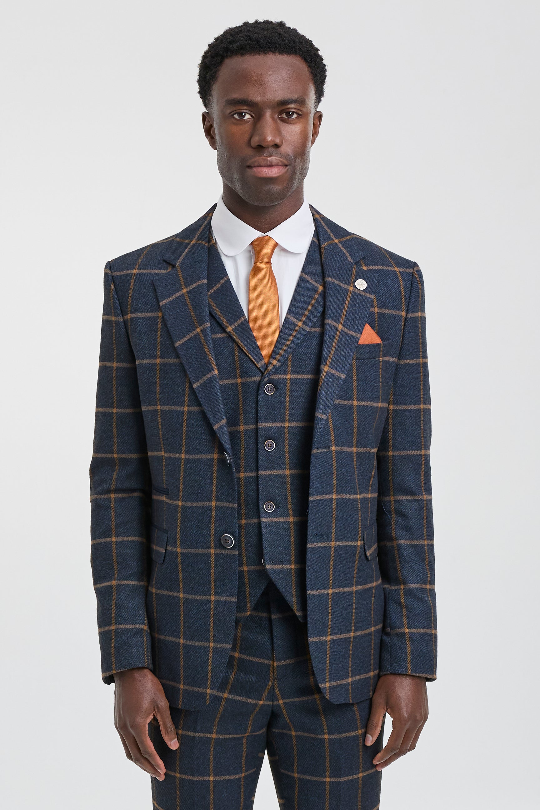 Mens Herringbone Tweed Check 3 Piece Wool Suit Peaky Blinders - Navy Blue