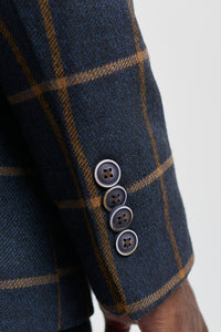 Mens Herringbone Tweed Check 3 Piece Wool Suit Peaky Blinders - Navy Blue