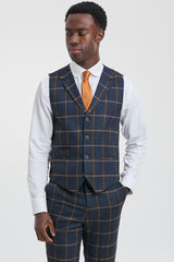 Mens Herringbone Tweed Check 3 Piece Wool Suit Peaky Blinders - Navy Blue