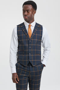 Mens Herringbone Tweed Check 3 Piece Wool Suit Peaky Blinders - Navy Blue