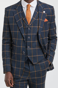 Mens Herringbone Tweed Check 3 Piece Wool Suit Peaky Blinders - Navy Blue