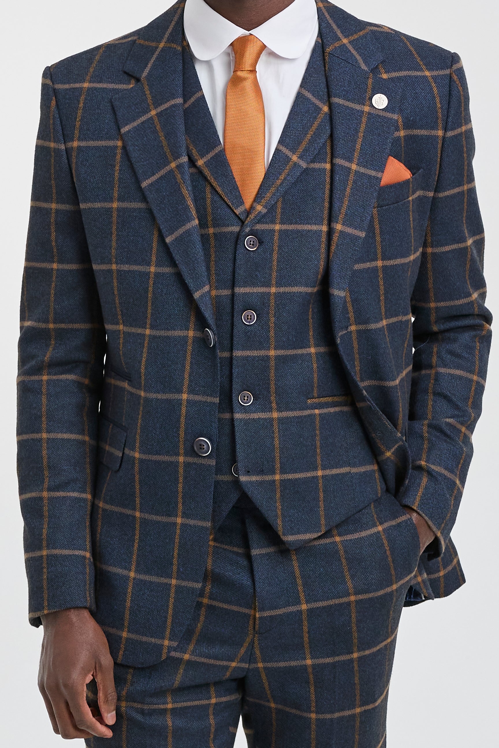 Mens Herringbone Tweed Check 3 Piece Wool Suit Peaky Blinders - Navy Blue