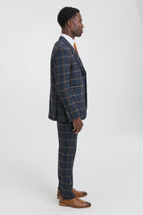 Mens Herringbone Tweed Check 3 Piece Wool Suit Peaky Blinders - Navy Blue