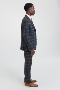 Mens Herringbone Tweed Check 3 Piece Wool Suit Peaky Blinders - Navy Blue
