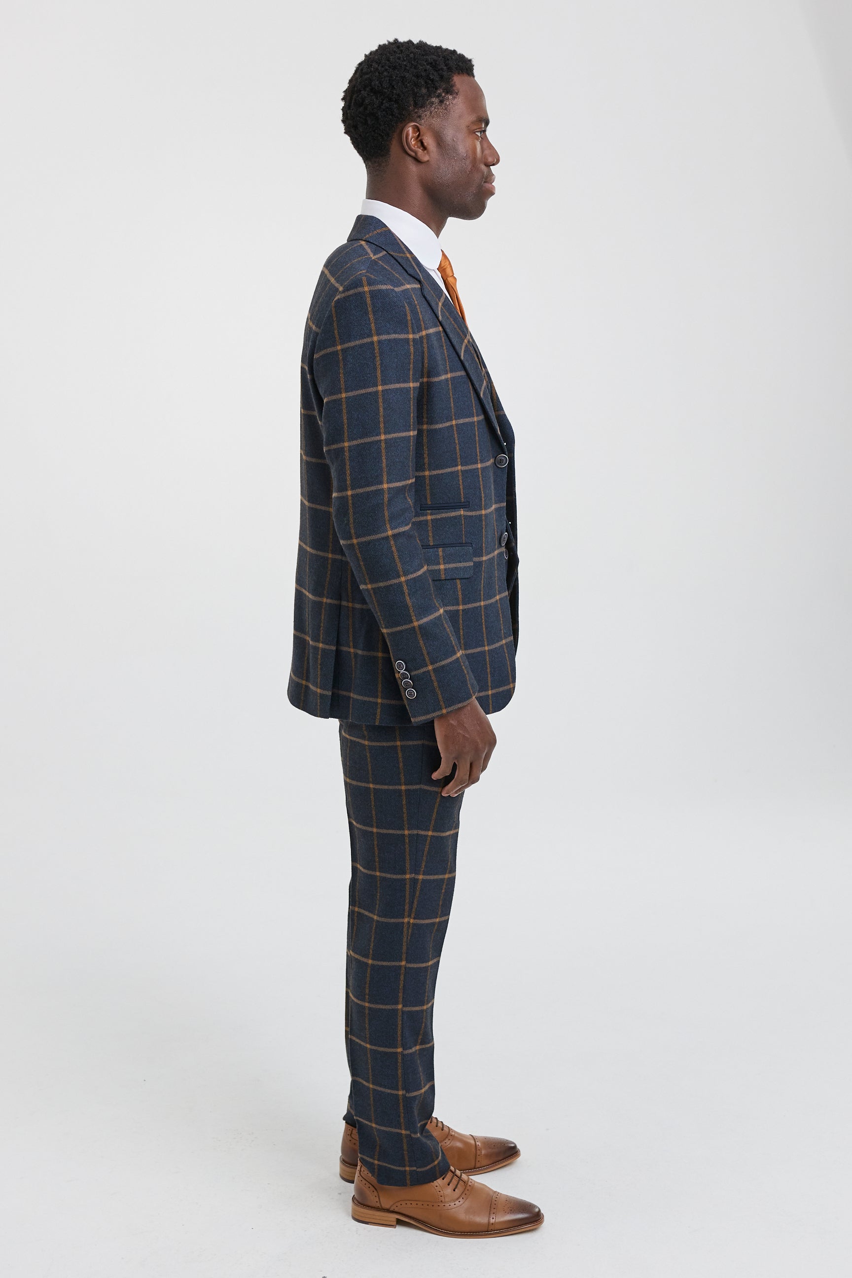 Mens Herringbone Tweed Check 3 Piece Wool Suit Peaky Blinders - Navy Blue