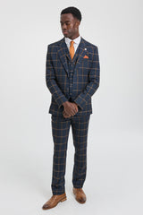 Mens Herringbone Tweed Check 3 Piece Wool Suit Peaky Blinders - Navy Blue