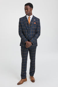 Mens Herringbone Tweed Check 3 Piece Wool Suit Peaky Blinders - Navy Blue