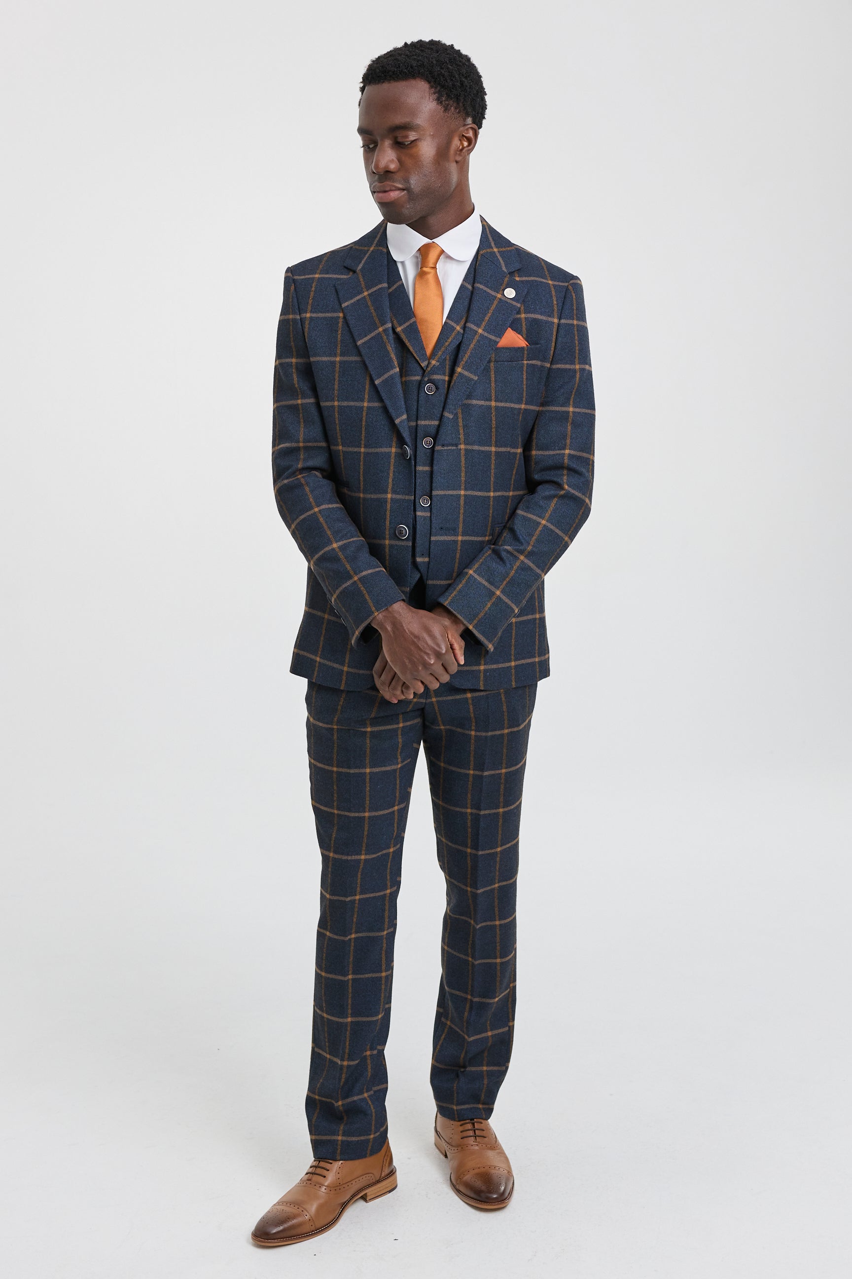 Mens Herringbone Tweed Check 3 Piece Wool Suit Peaky Blinders - Navy Blue