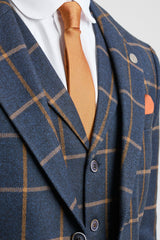 Mens Herringbone Tweed Check 3 Piece Wool Suit Peaky Blinders - Navy Blue