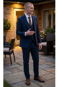 Mens Navy-Blue Check 3 Piece Suit - Paul Andrew Kenneth