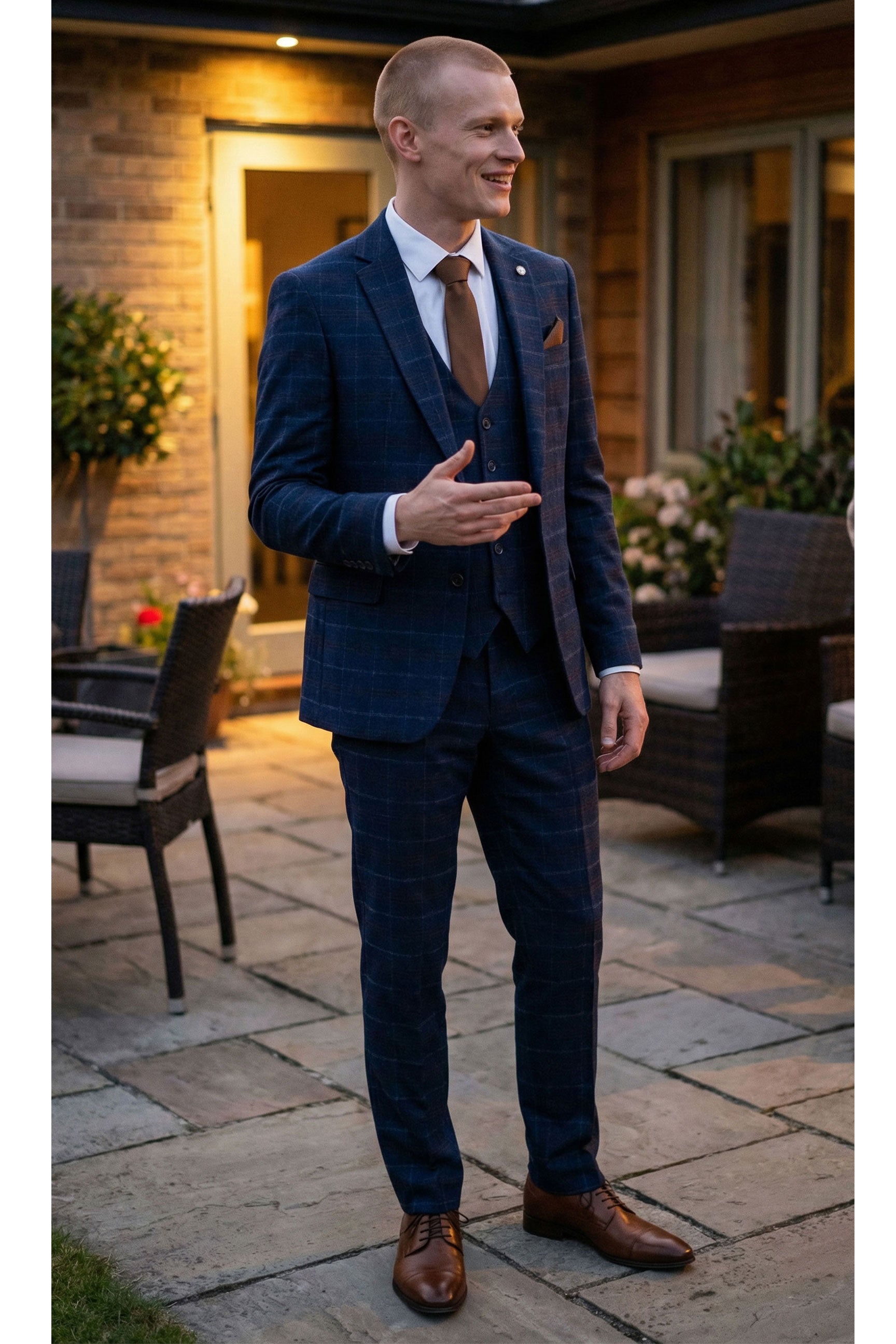 Mens Navy-Blue Check 3 Piece Suit - Paul Andrew Kenneth