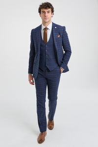 Mens Navy-Blue Check 3 Piece Suit - Paul Andrew Kenneth