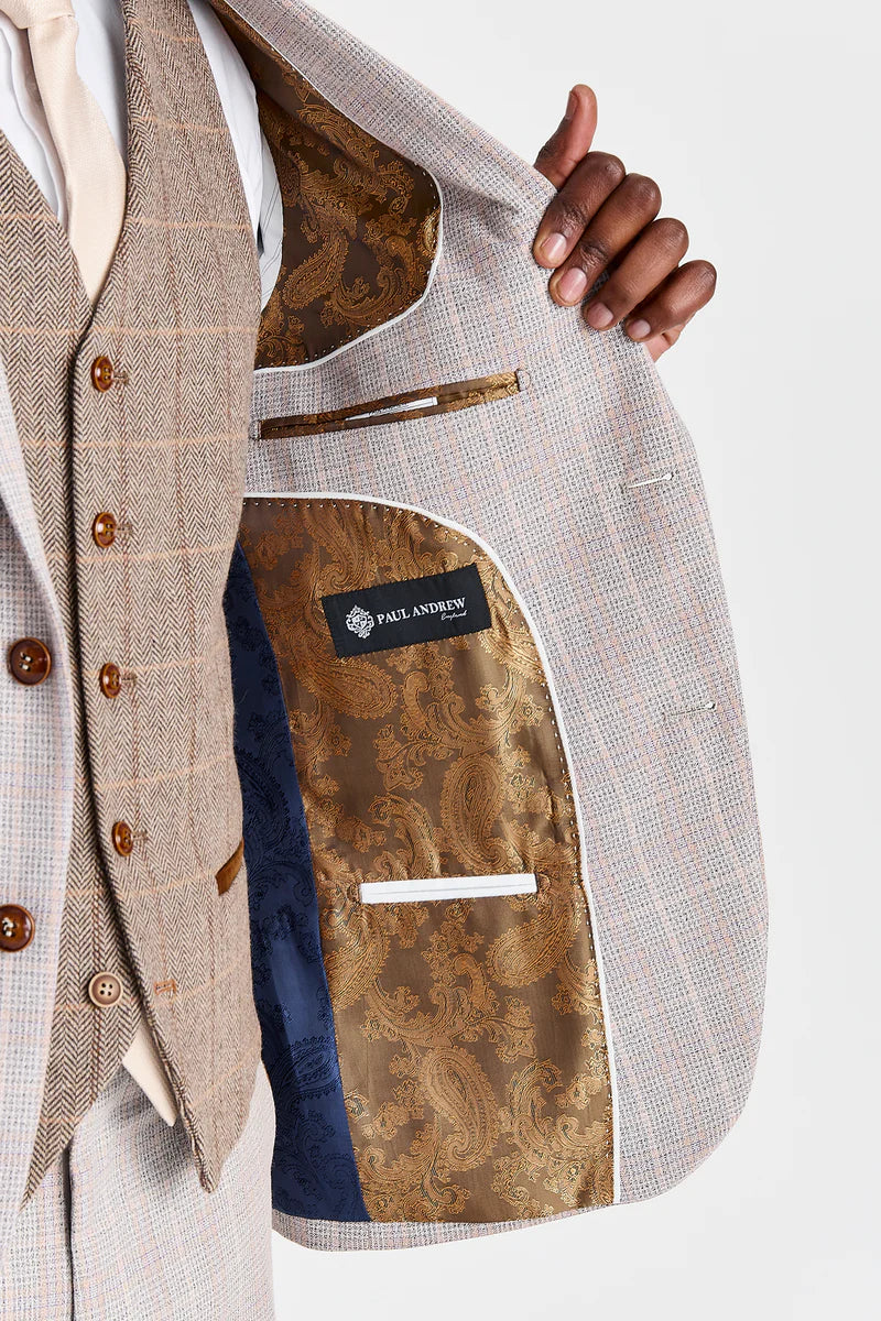 Leo Beige Suit with Harris Brown Tweed Contrasting Waistcoat