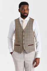 Leo Beige Suit with Harris Brown Tweed Contrasting Waistcoat