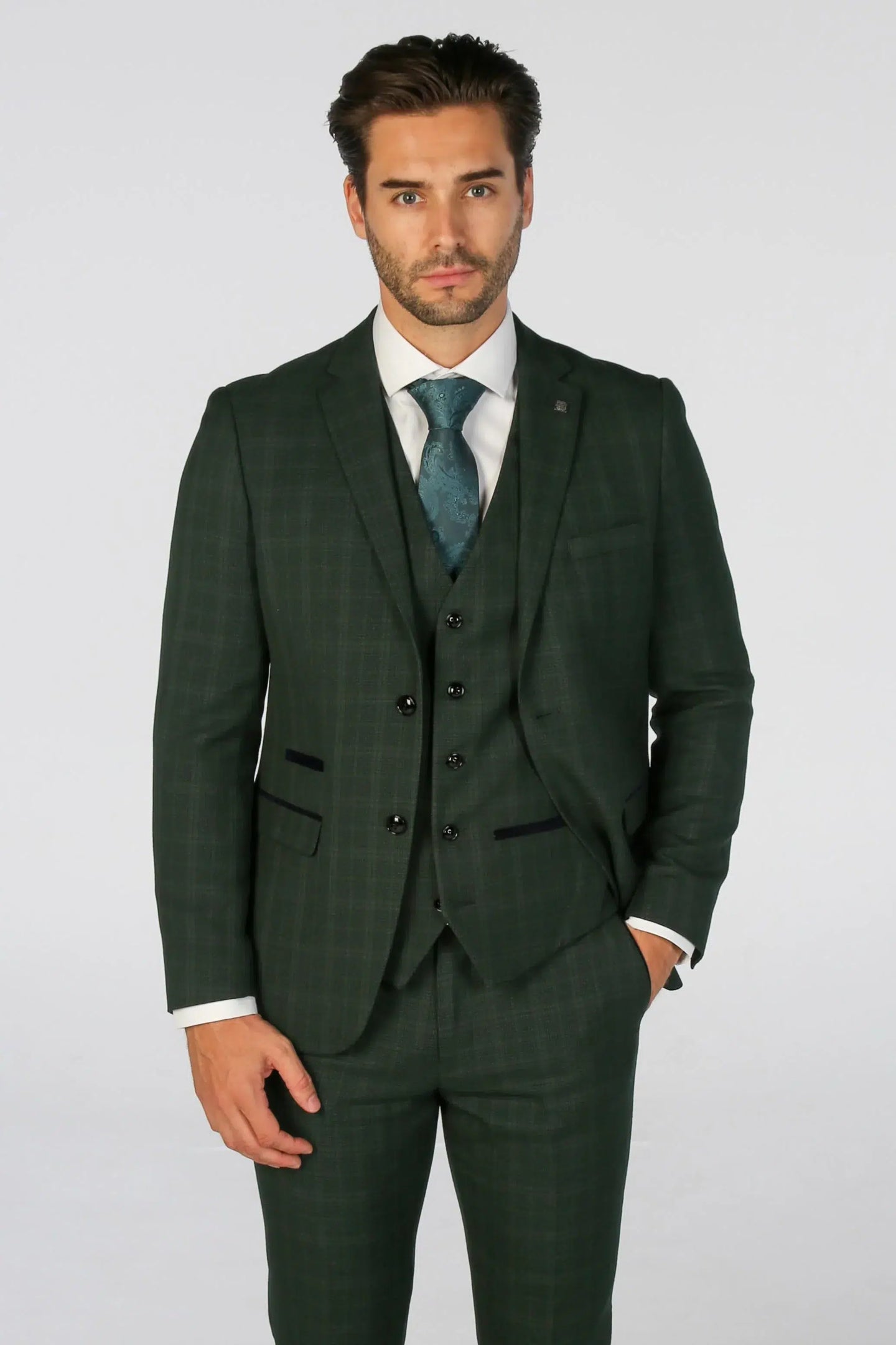Leo - Men's Green 3 Piece Checked Tailored Fit Suit