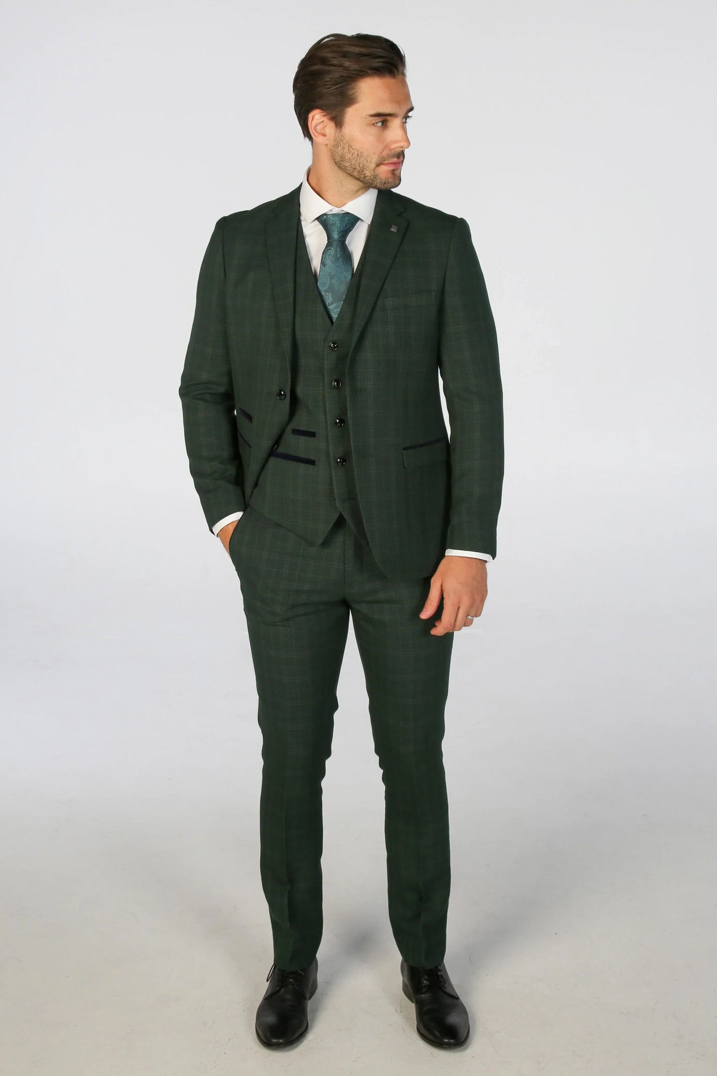 Leo - Men's Green 3 Piece Checked Tailored Fit Suit