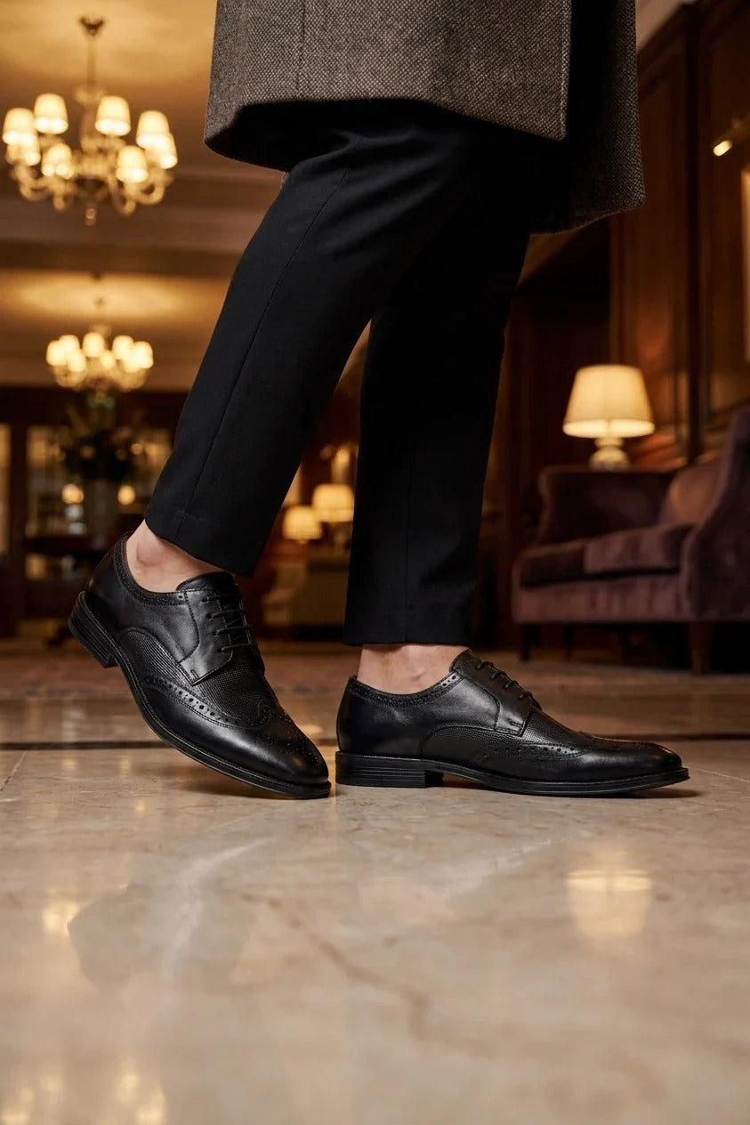 Lorenzo - Men's Black Burnished Leather Oxfords Shoes