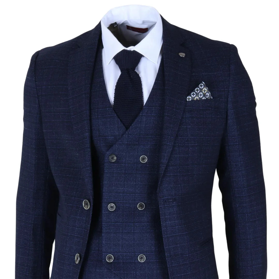 Luis - Men's Blue Plaid Check Slim Fit 3 Piece Suit