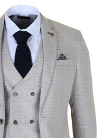 Luis - Men's Cream Plaid Check Slim Fit 3 Piece Suit