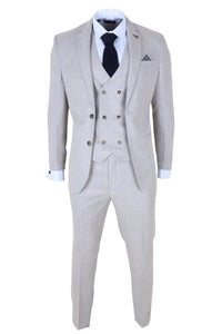 Luis - Men's Cream Plaid Check Slim Fit 3 Piece Suit