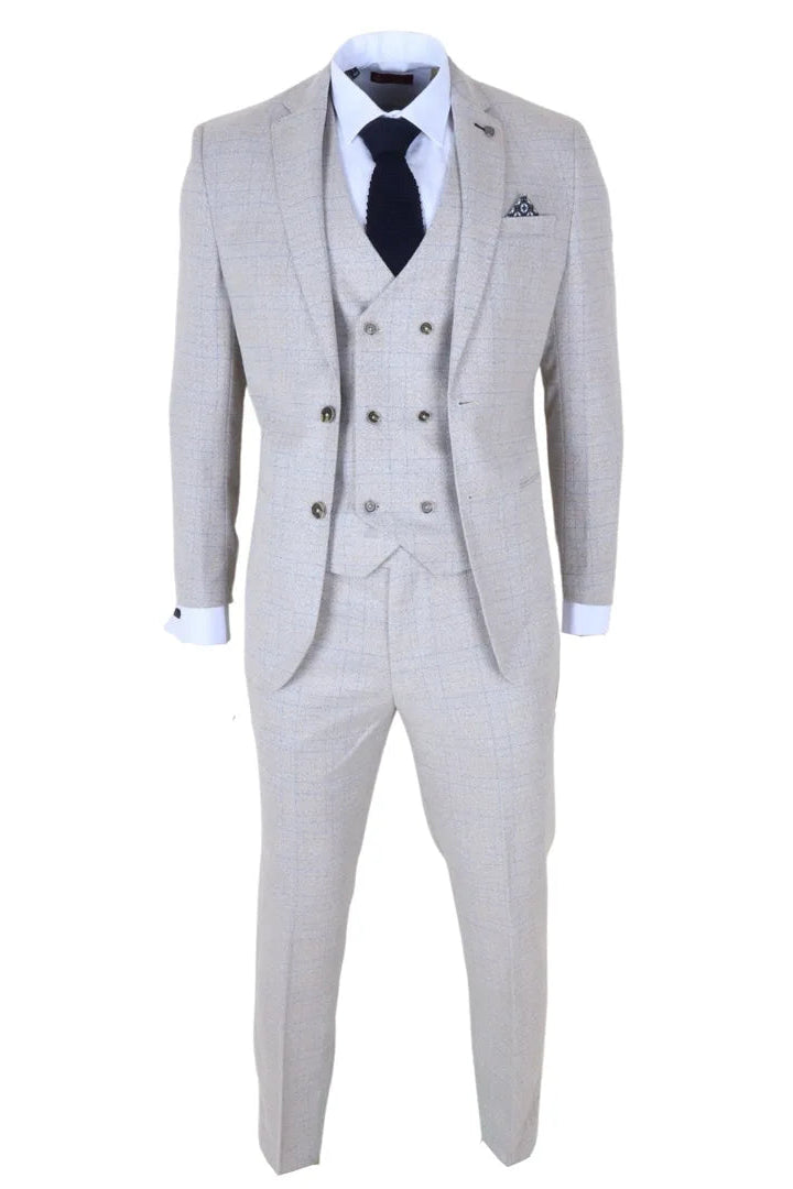 Luis - Men's Cream Plaid Check Slim Fit 3 Piece Suit