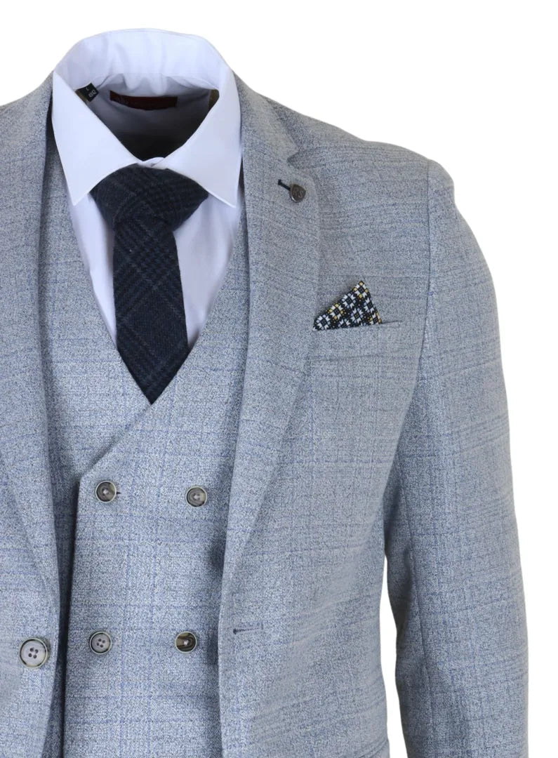 Luis - Men's Light Blue Plaid Check Slim Fit 3 Piece Suit