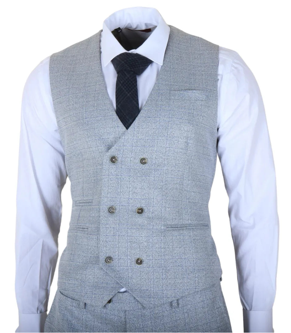 Luis - Men's Light Blue Plaid Check Slim Fit 3 Piece Suit