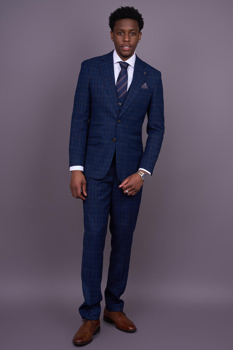 Marcos - Men's Navy Blue Plaid Check Slim Fit 3 Piece Suit