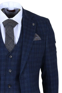 Marcos - Men's Navy Blue Plaid Check Slim Fit 3 Piece Suit