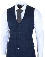 Marcos - Men's Navy Blue Plaid Check Slim Fit 3 Piece Suit