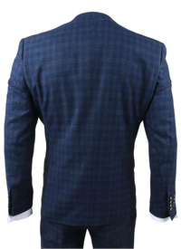 Marcos - Men's Navy Blue Plaid Check Slim Fit 3 Piece Suit