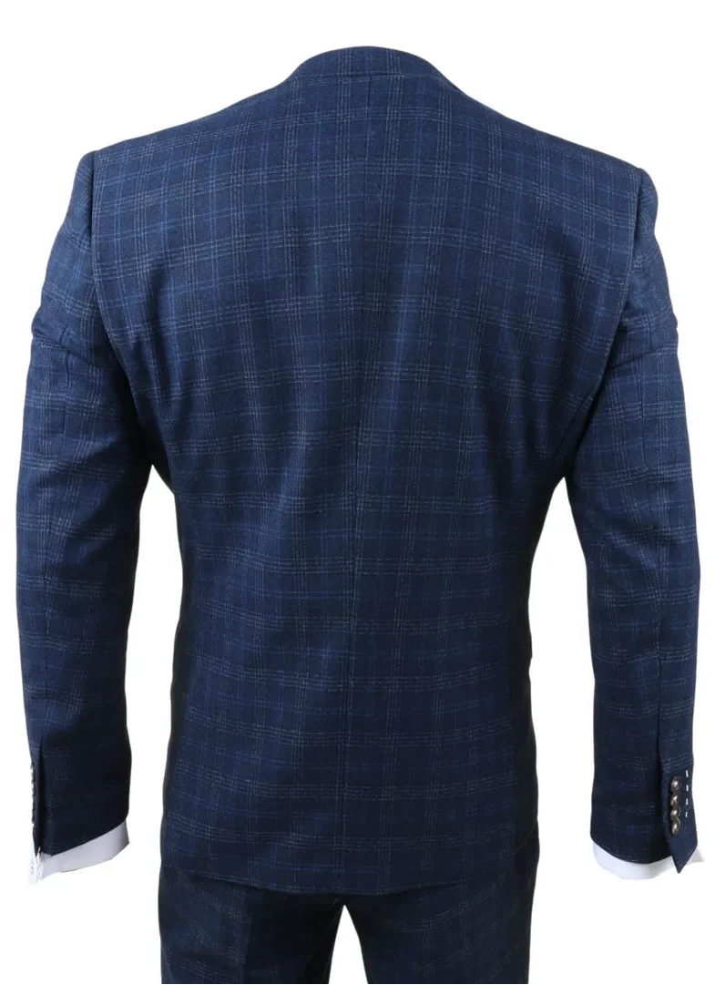 Marcos - Men's Navy Blue Plaid Check Slim Fit 3 Piece Suit