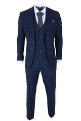 Marcos - Men's Navy Blue Plaid Check Slim Fit 3 Piece Suit