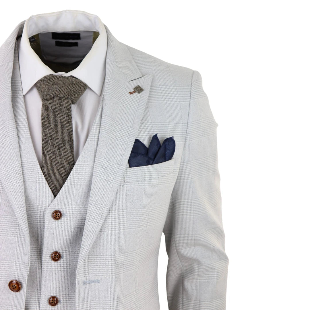 Mark Men's Grey Stone 3-Piece Tweed Check Suit with Brown Trim for Weddings and Proms