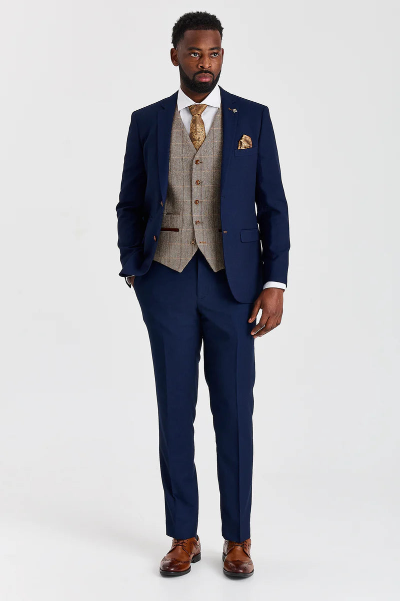 Mayfair Navy Textured Suit with Harris Brown Tweed Constrasting Waistcoat