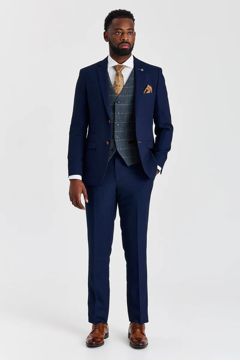Mayfair Navy Textured Suit with Harris Navy Constrasting Tweed Waistcoat