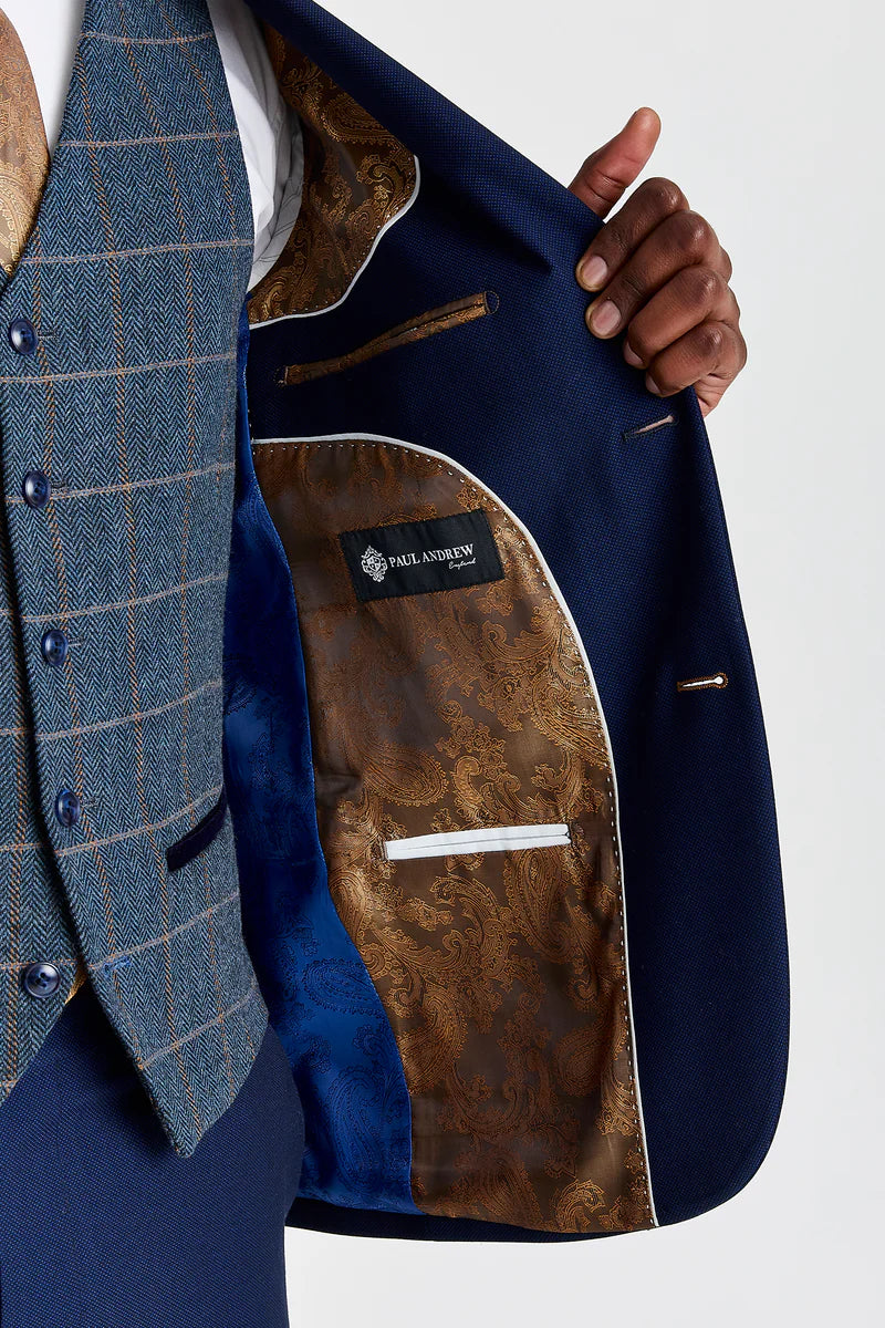 Mayfair Navy Textured Suit with Harris Navy Constrasting Tweed Waistcoat