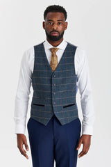 Mayfair Navy Textured Suit with Harris Navy Constrasting Tweed Waistcoat