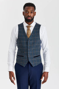 Mayfair Navy Textured Suit with Harris Navy Constrasting Tweed Waistcoat