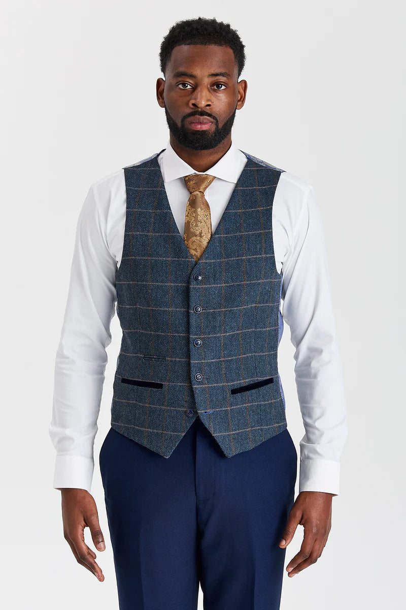 Mayfair Navy Textured Suit with Harris Navy Constrasting Tweed Waistcoat