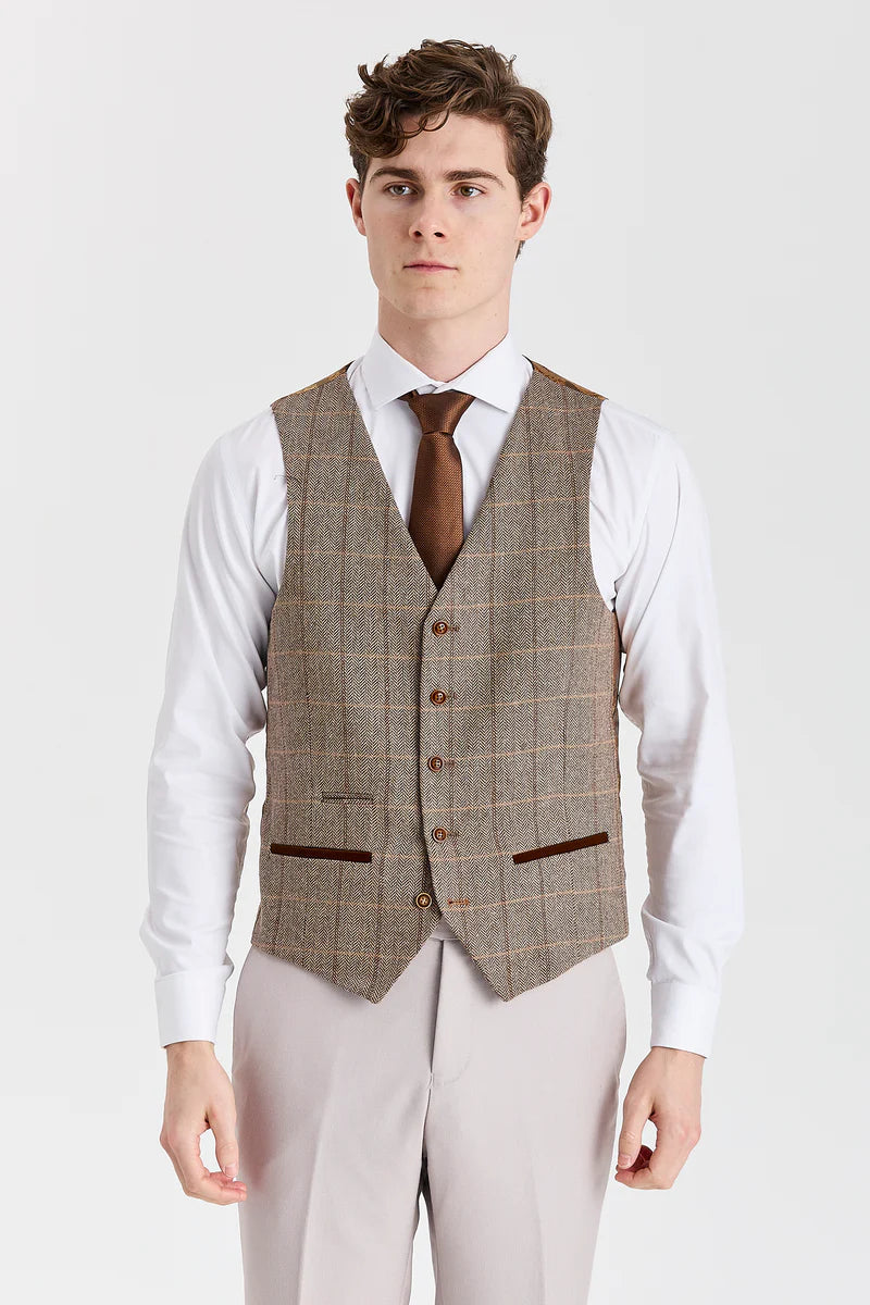 Mayfair Stone Textured Suit With Harris Brown Tweed Waistcoat