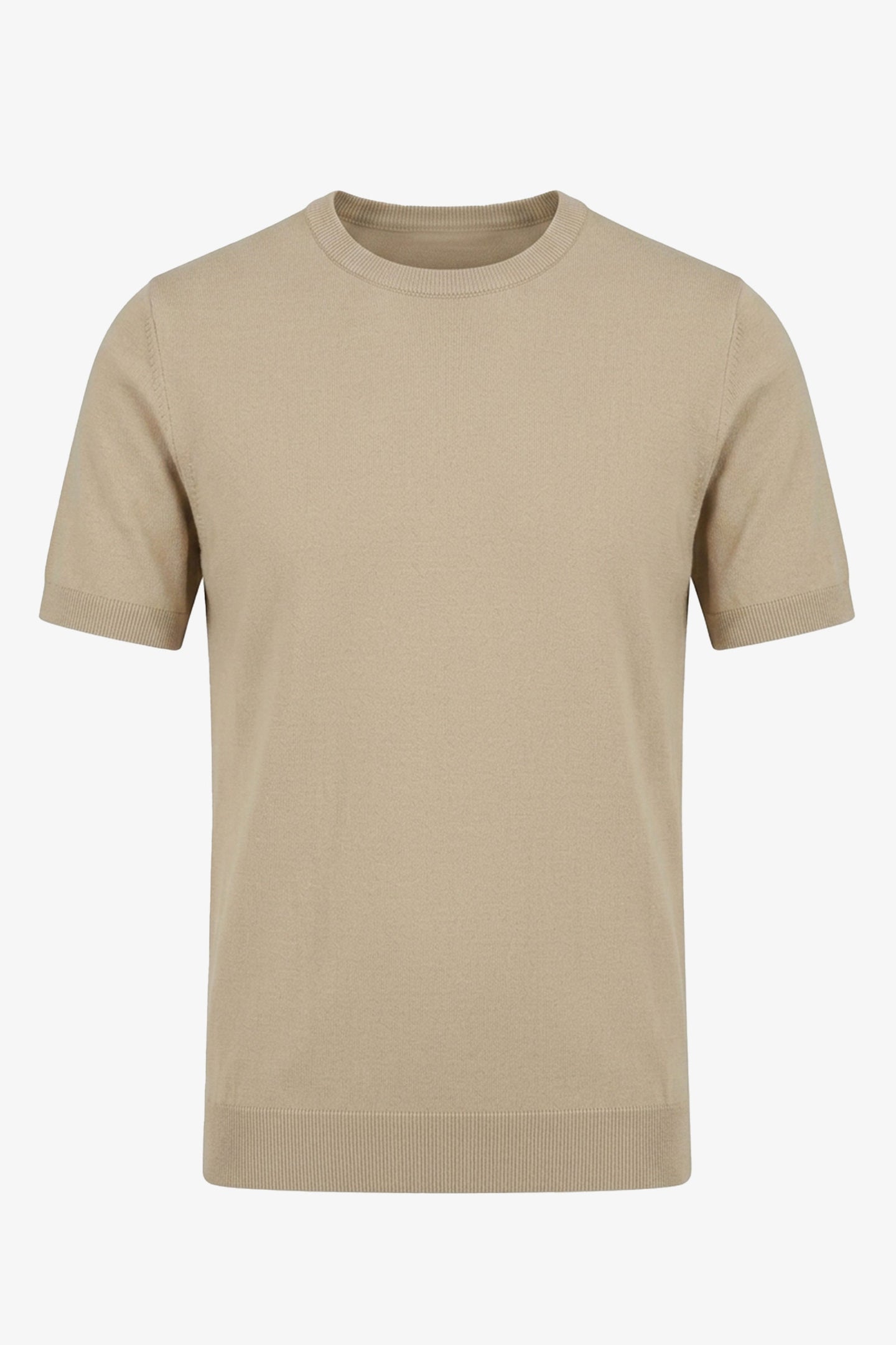 Men’s Beige Knitted T Shirt Regular Fit Crew Neck Short Sleeve Top