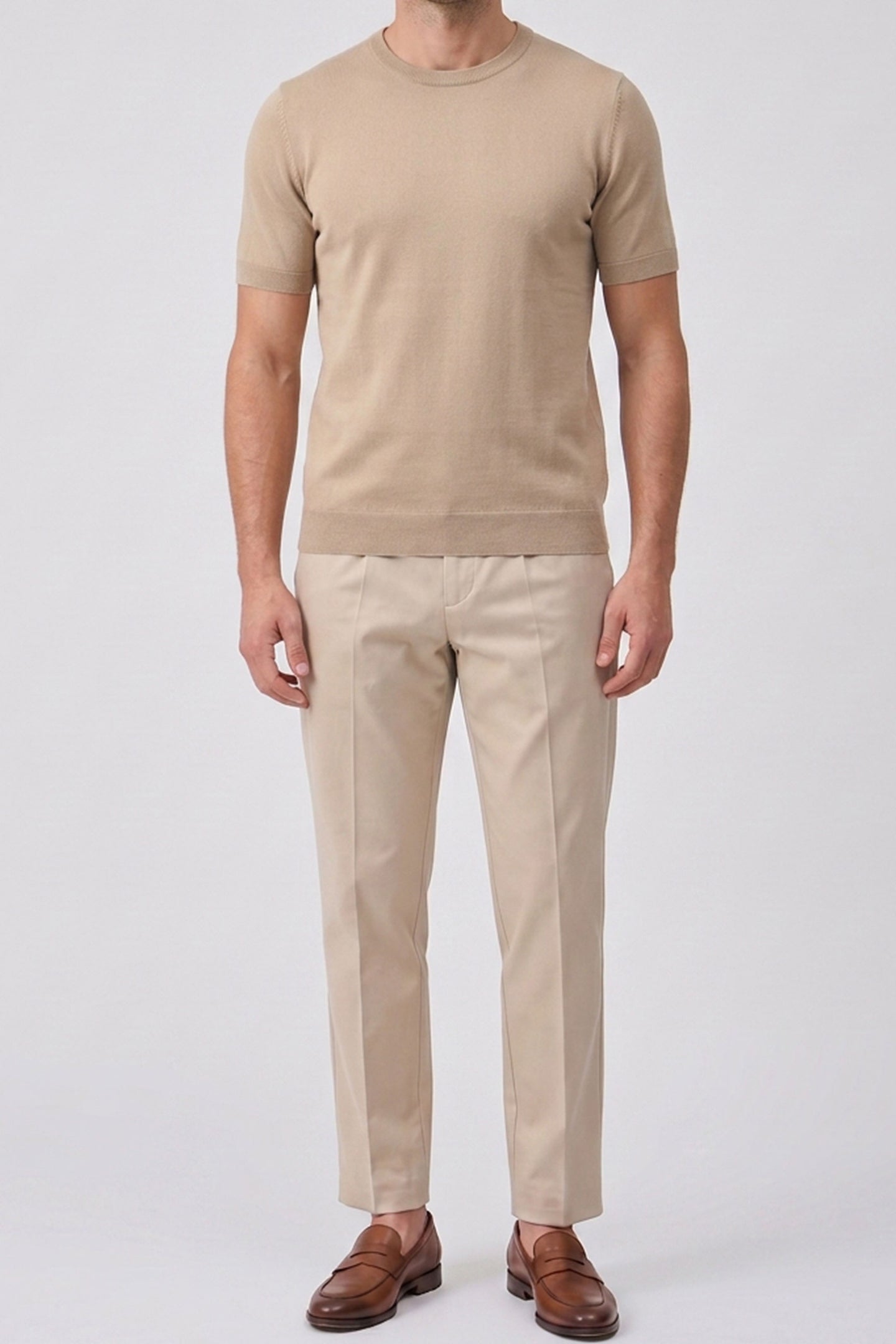 Men’s Beige Knitted T Shirt Regular Fit Crew Neck Short Sleeve Top