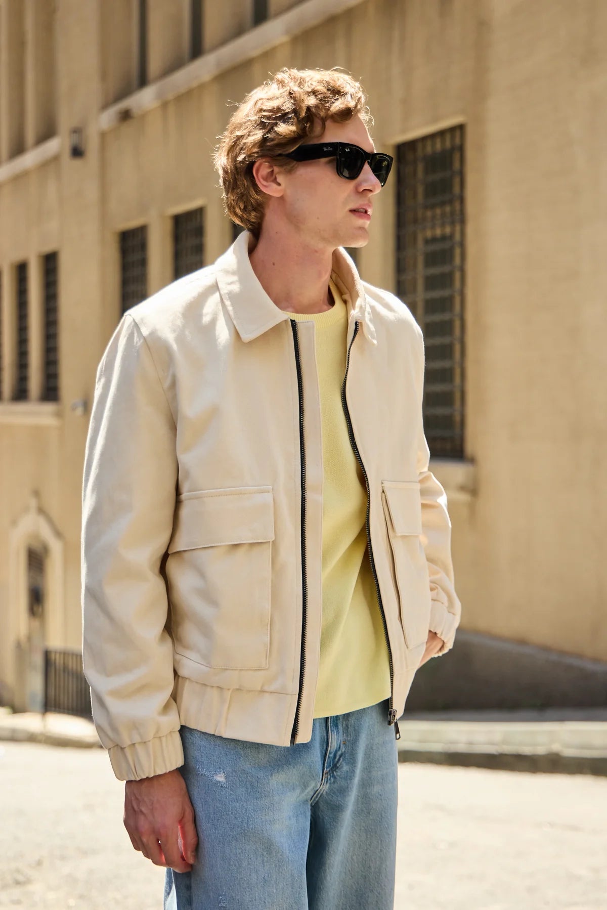 Men’s Beige Utility Bomber Lightweight Padded Zip Jacket
