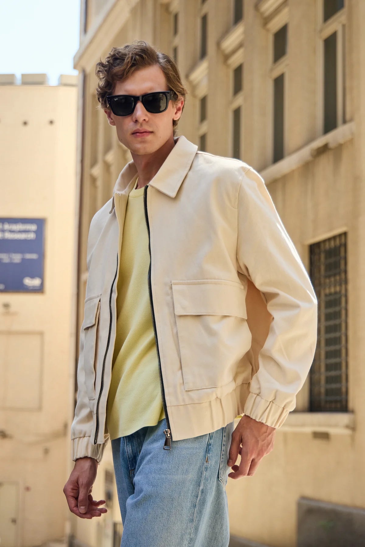 Men’s Beige Utility Bomber Lightweight Padded Zip Jacket