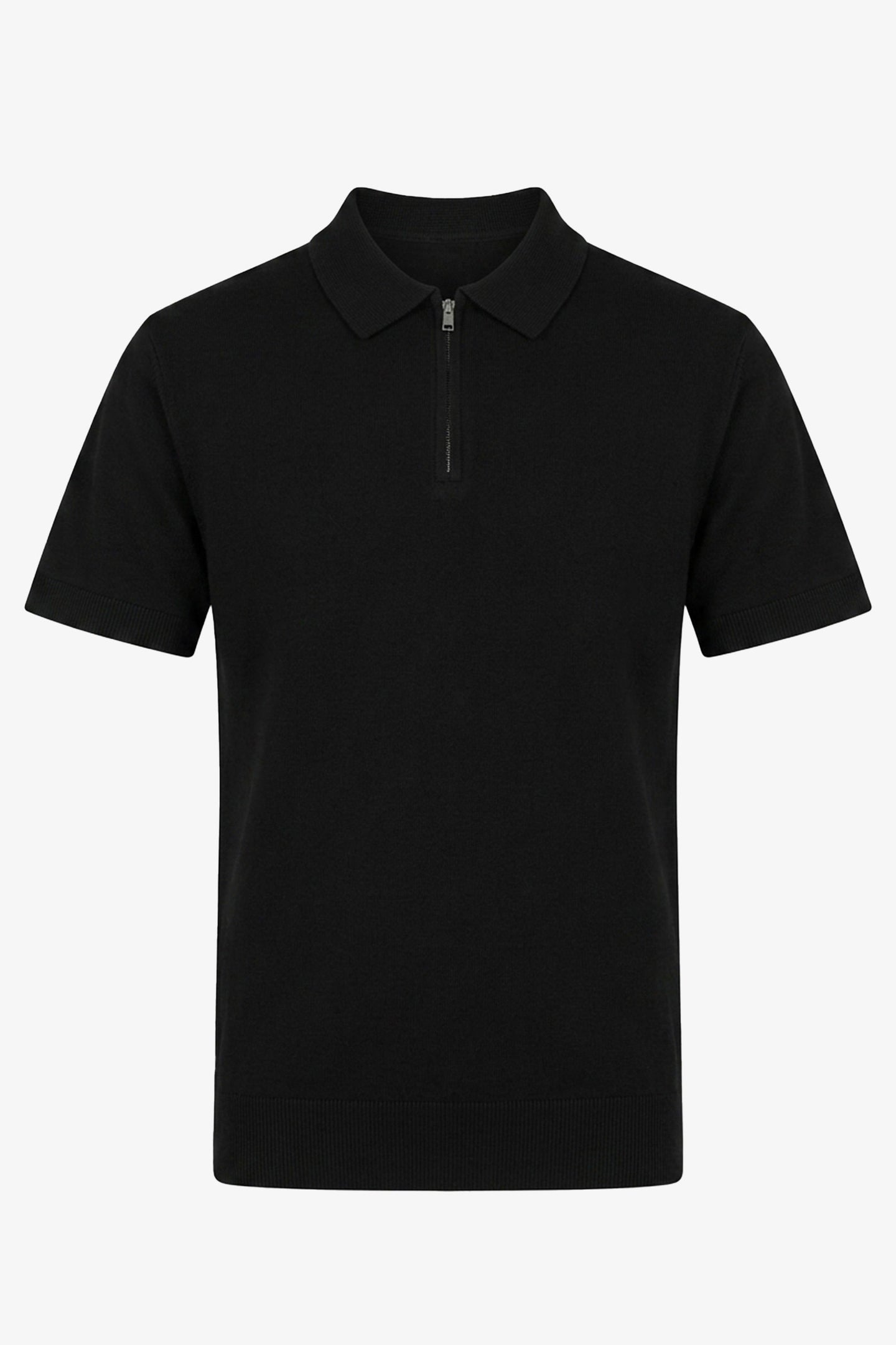 Men’s Black Knitted Polo Shirt Zip Neck Soft Blend Short Sleeve Top