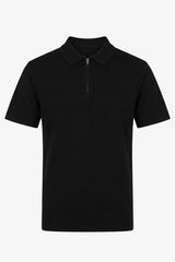 Men’s Black Knitted Polo Shirt Zip Neck Soft Blend Short Sleeve Top