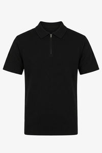 Men’s Black Knitted Polo Shirt Zip Neck Soft Blend Short Sleeve Top