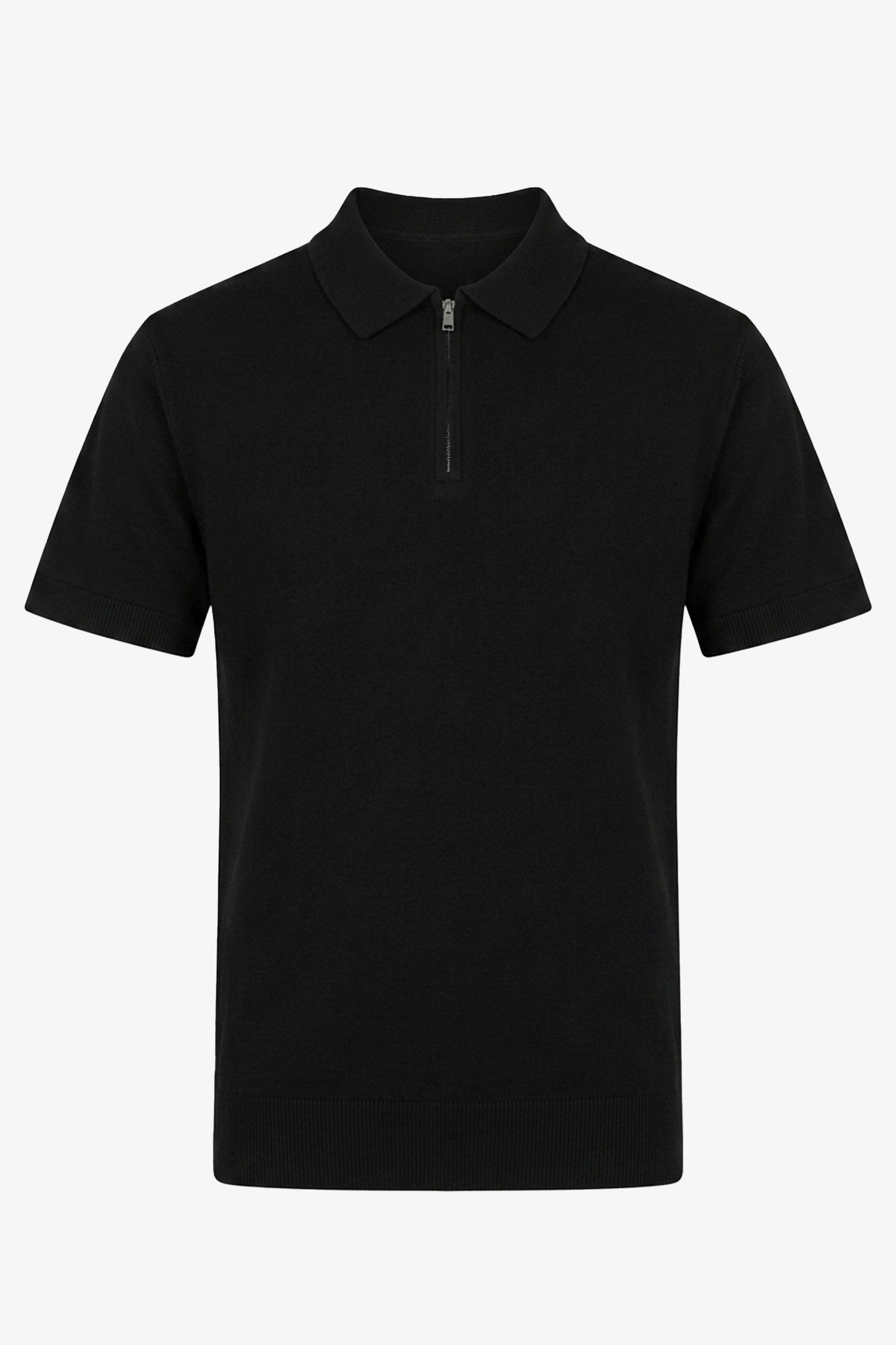 Men’s Black Knitted Polo Shirt Zip Neck Soft Blend Short Sleeve Top